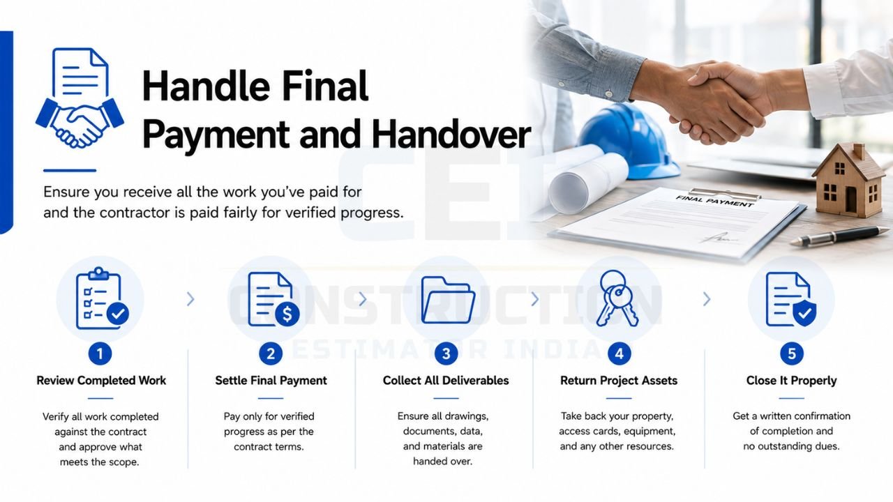 Handle final payment and contractor handover by reviewing completed work, settling final payment, collecting deliverables, returning project assets, and closing the contract