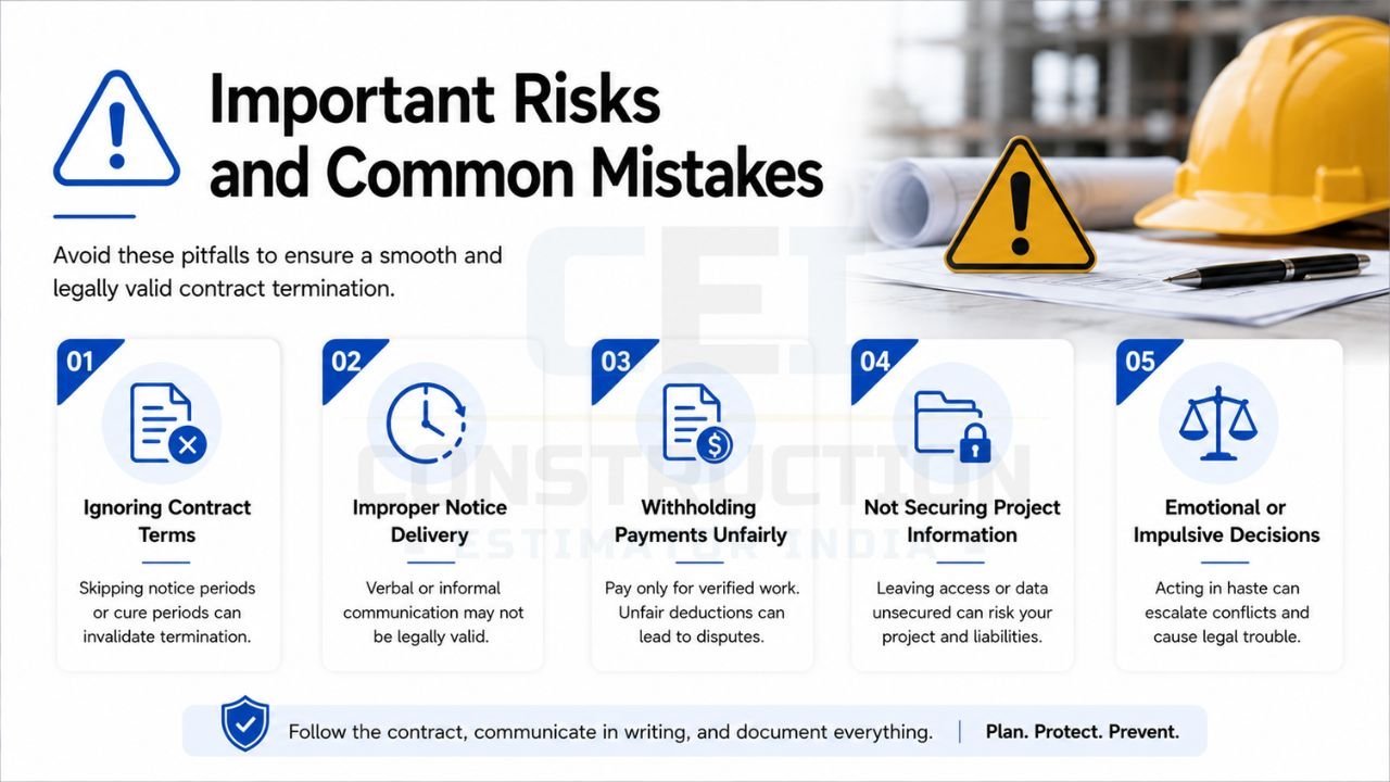 Important risks and common mistakes when terminating a contractor agreement, including ignoring contract terms, improper notice, payment disputes, unsecured project data, and emotional decisions