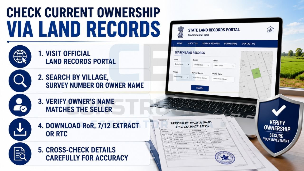 Step-by-step infographic explaining how to verify current property ownership using government land records.