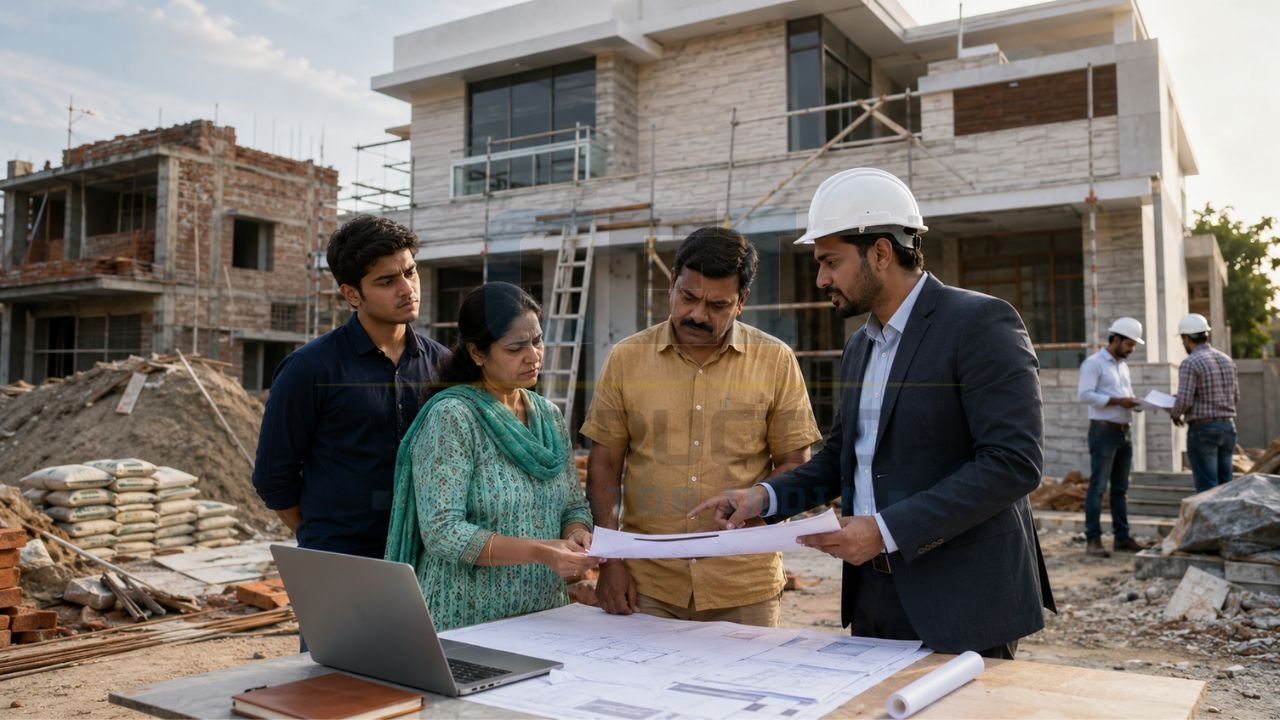 Construction consultant reviewing house plans and project details with homeowners at a residential construction site before completion and handover
