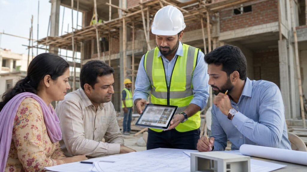 Construction consultant explaining building plans and project progress to homeowners at a residential construction site