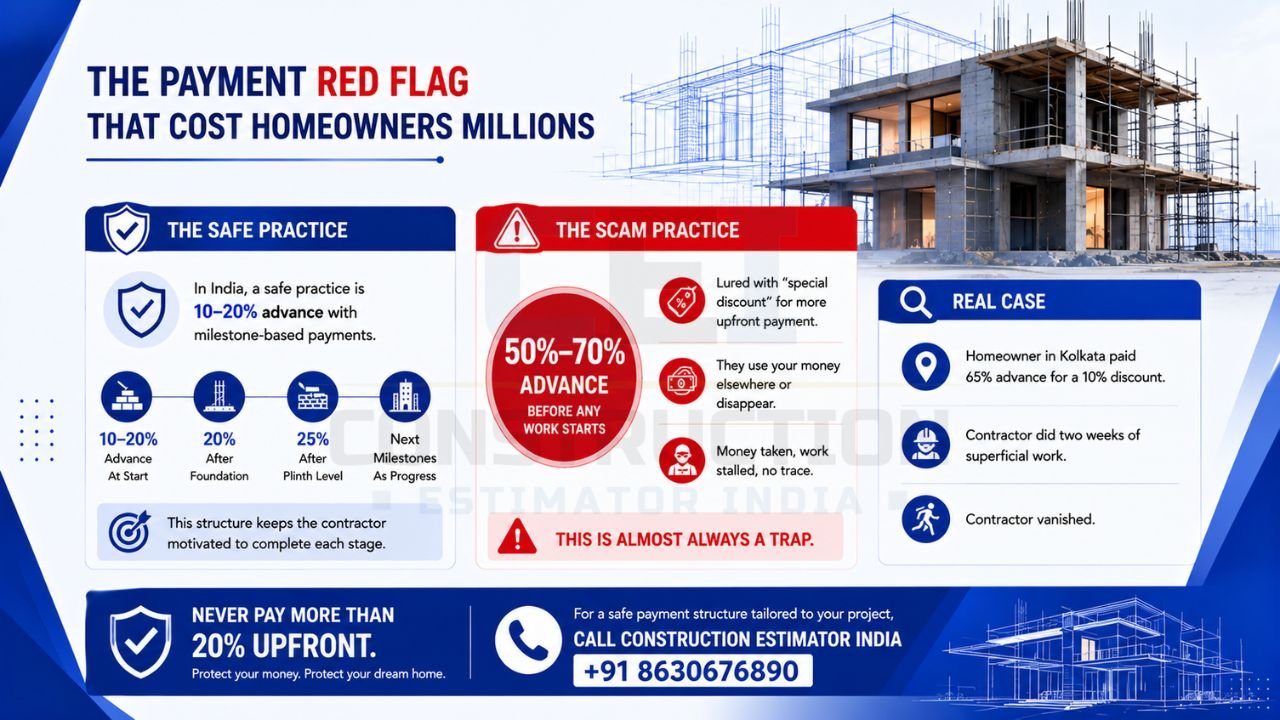 Construction payment red flags showing safe milestone-based payments versus risky large advance payments to contractors