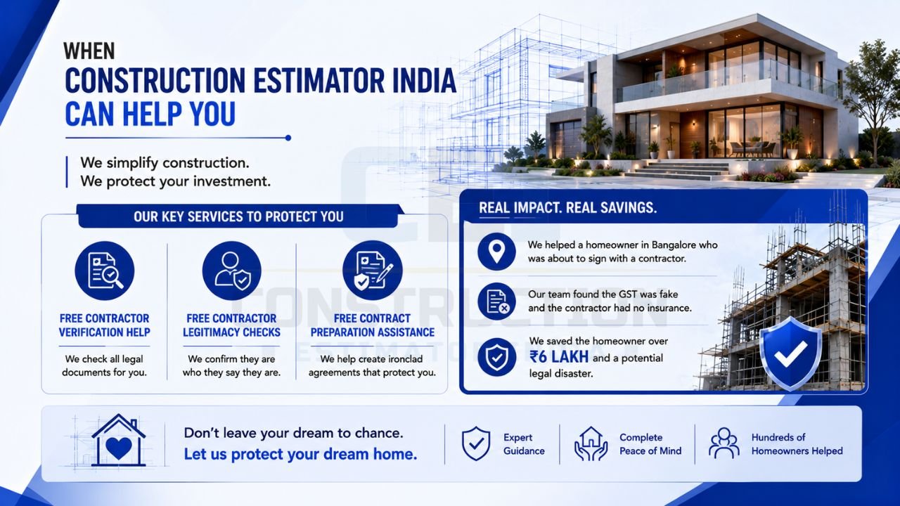 Construction estimator services for contractor verification, legitimacy checks, contract review, and homeowner protection during house construction