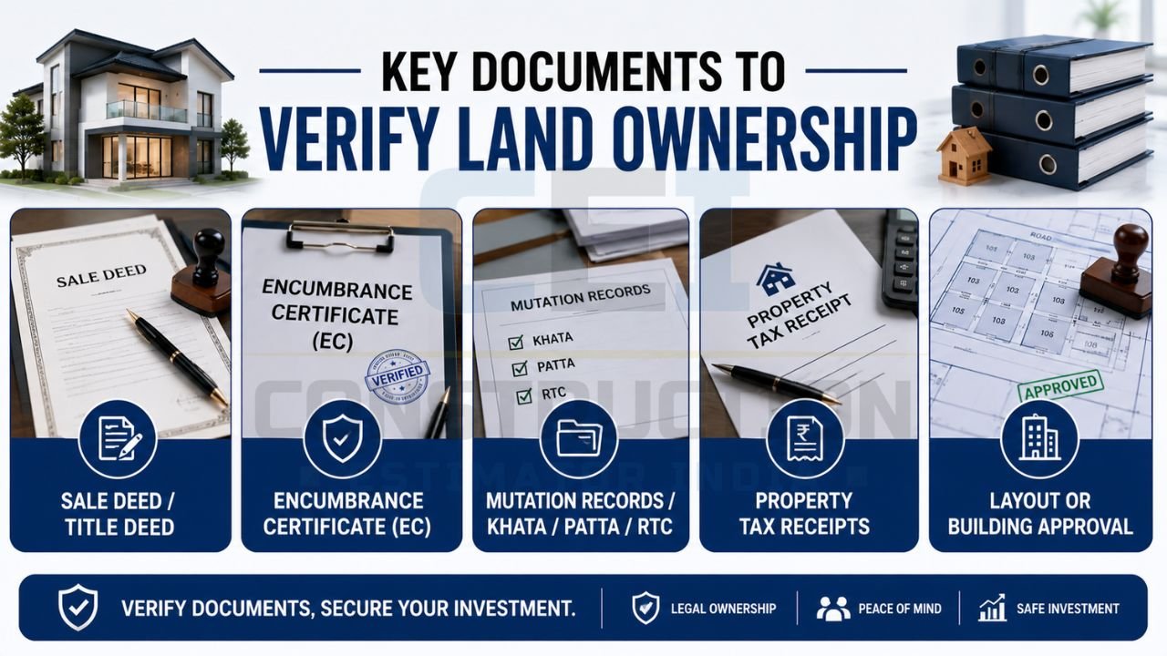 Infographic listing key documents needed to verify legal land ownership and property records.