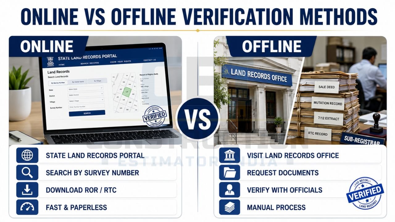 Comparison infographic showing online and offline methods for verifying land records and property ownership in India.