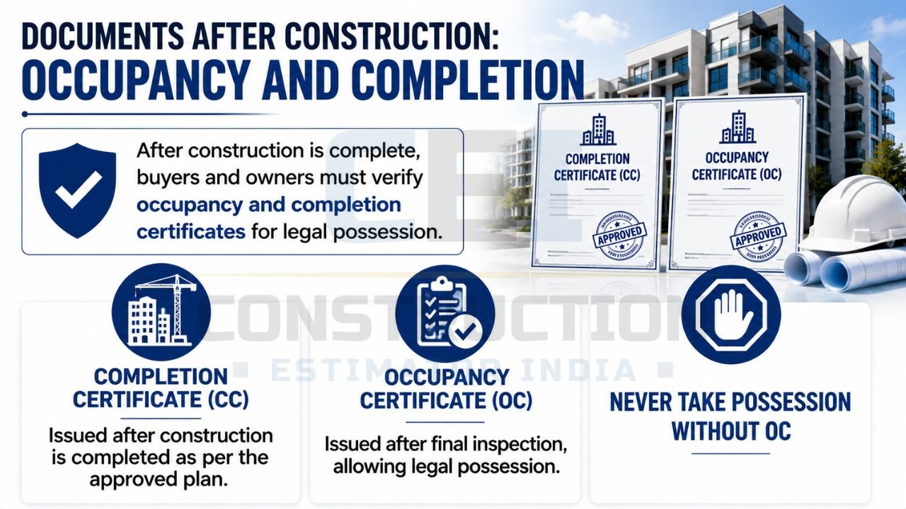 Infographic explaining the importance of Occupancy Certificate (OC) and Completion Certificate (CC) after construction completion.