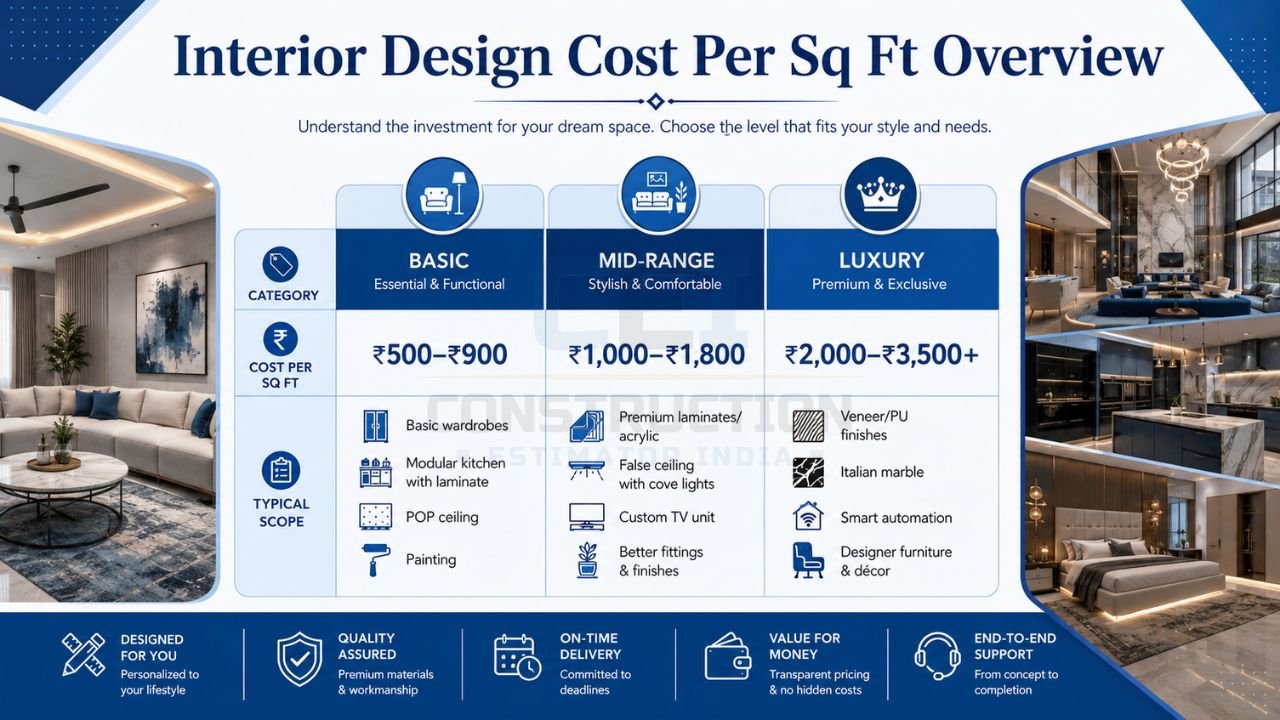 Interior design cost per square foot comparison showing basic, mid-range, and luxury interior design pricing and features