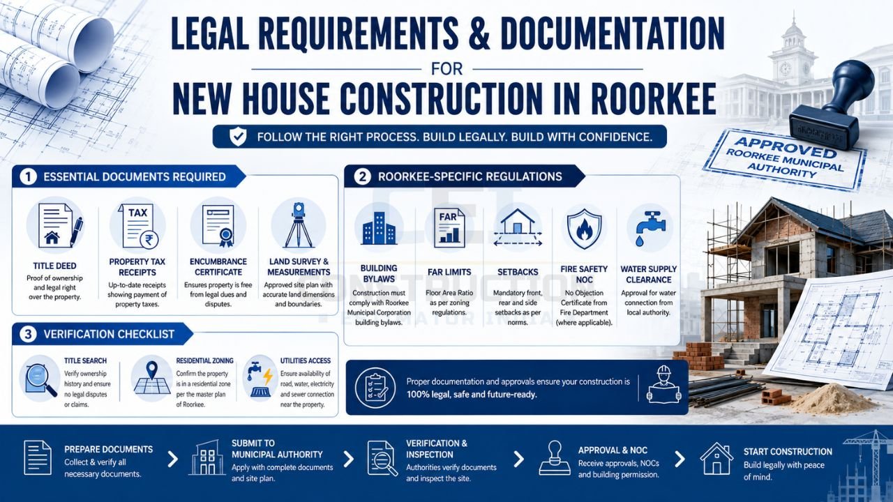 Legal requirements and documentation for new house construction in Roorkee including title deed, property tax receipts, building approval, zoning regulations, and municipal permissions