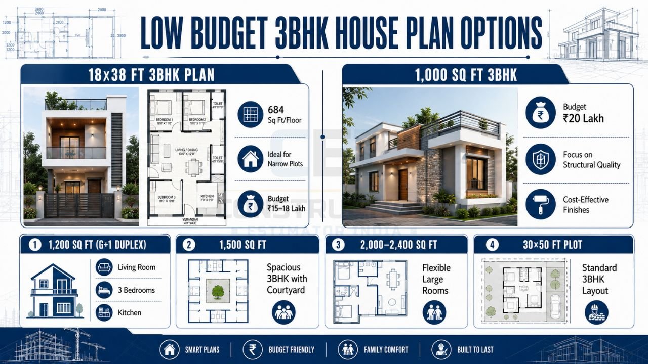 Low budget 3BHK house plan options showing affordable home layouts, floor plans, plot sizes, and construction budget estimates