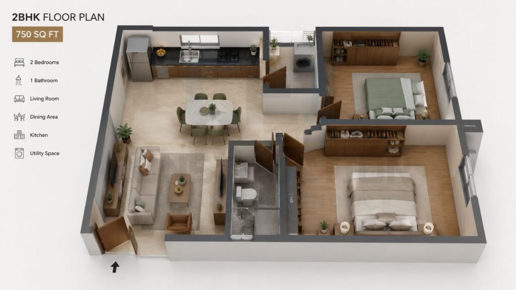 3D low budget 2BHK house plan under 15 lakhs featuring a 750 sq. ft. layout with two bedrooms, living room, dining area, kitchen, bathroom, and utility space.