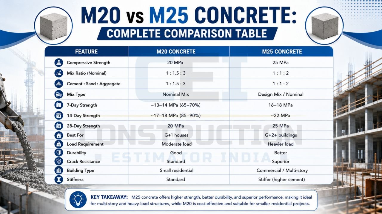 Detailed comparison table of M20 and M25 concrete showing strength, mix ratio, durability, crack resistance, load capacity, and applications.