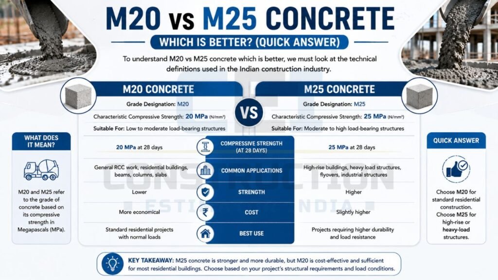 Infographic explaining the differences between M20 and M25 concrete grades, including strength, cost, applications, and best-use recommendations.