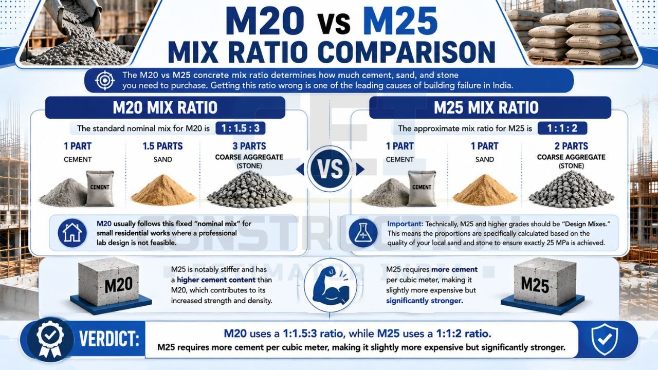 Infographic comparing M20 and M25 concrete mix ratios, cement content, sand, aggregate proportions, and strength characteristics.