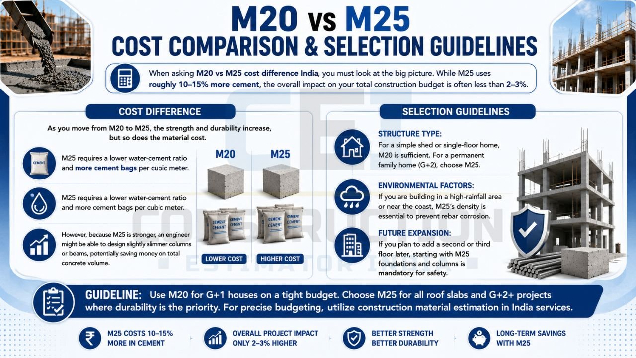 Infographic comparing M20 and M25 concrete costs, durability, strength, and selection guidelines for residential and commercial construction projects.