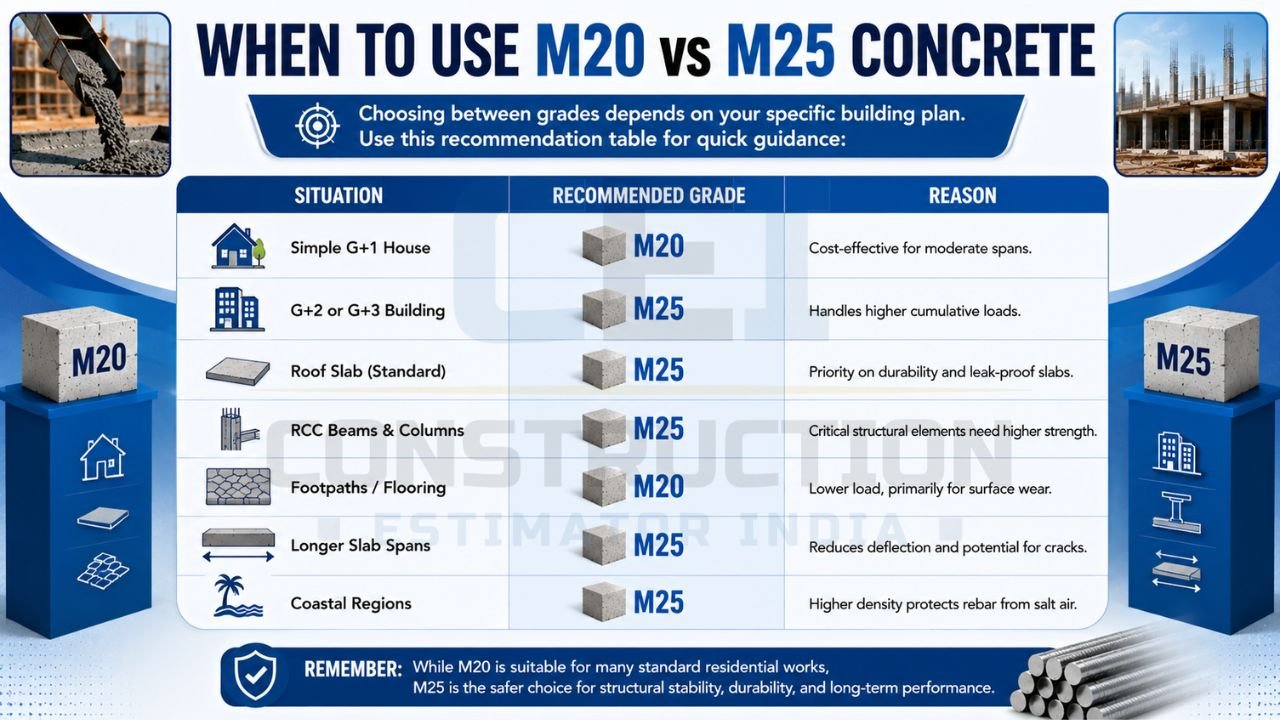 Comparison chart showing recommended uses of M20 and M25 concrete for houses, slabs, beams, columns, flooring, and coastal construction.
