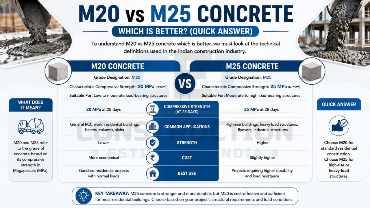 Infographic explaining the differences between M20 and M25 concrete grades, including strength, cost, applications, and best-use recommendations.