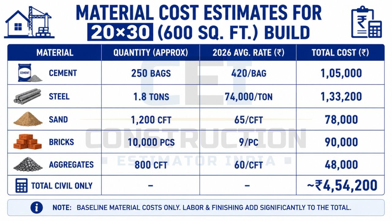 Material quantity and cost estimate for cement, steel, sand, bricks, and aggregates required for a 20×30 house construction project.