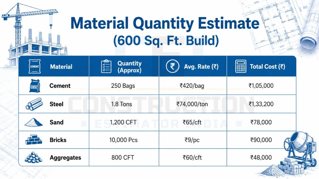 Material quantity estimate chart for a 600 sq. ft. house showing cement bags, steel, sand, bricks, aggregates, average rates, and estimated material costs in India.