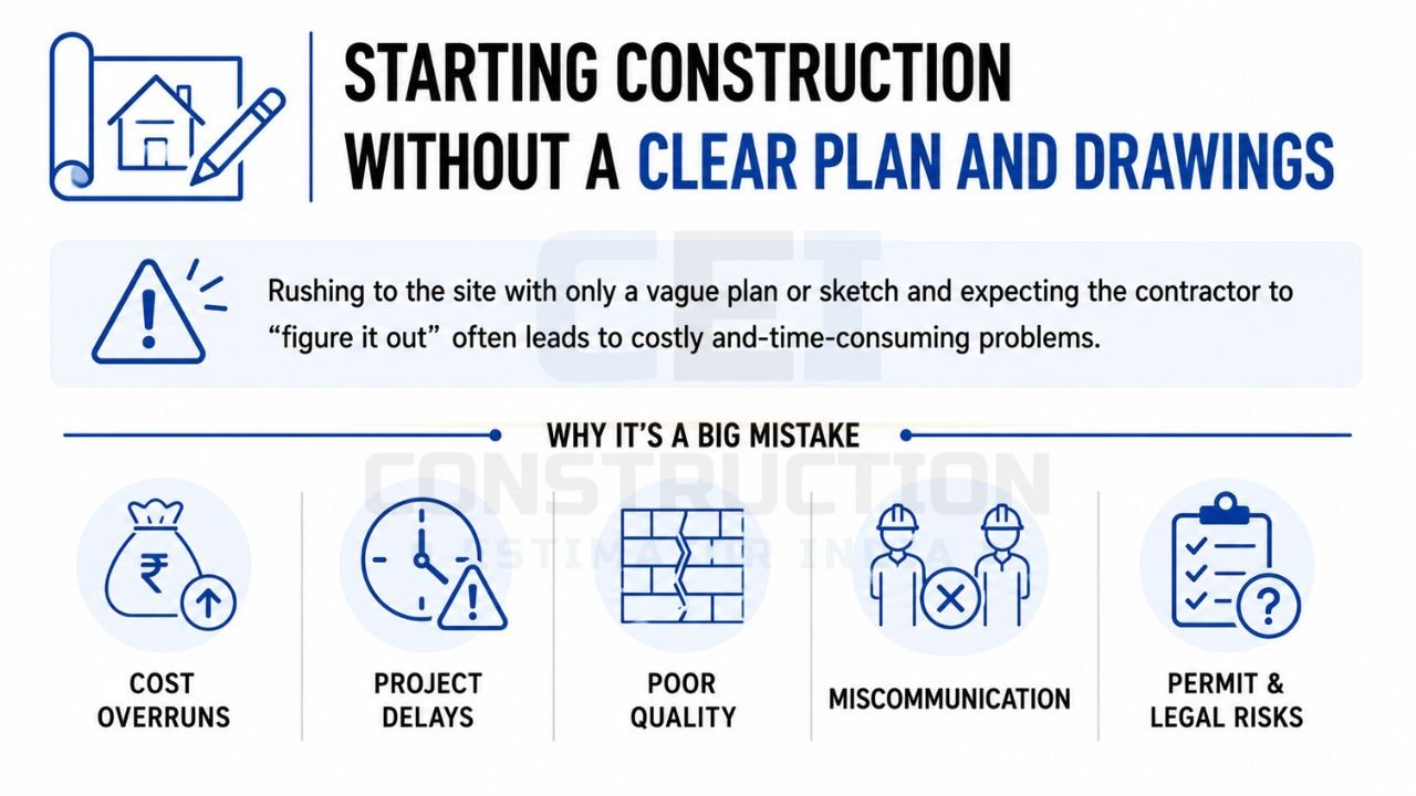 Starting construction without a clear plan and drawings can lead to cost overruns, project delays, poor quality, miscommunication, and legal risks