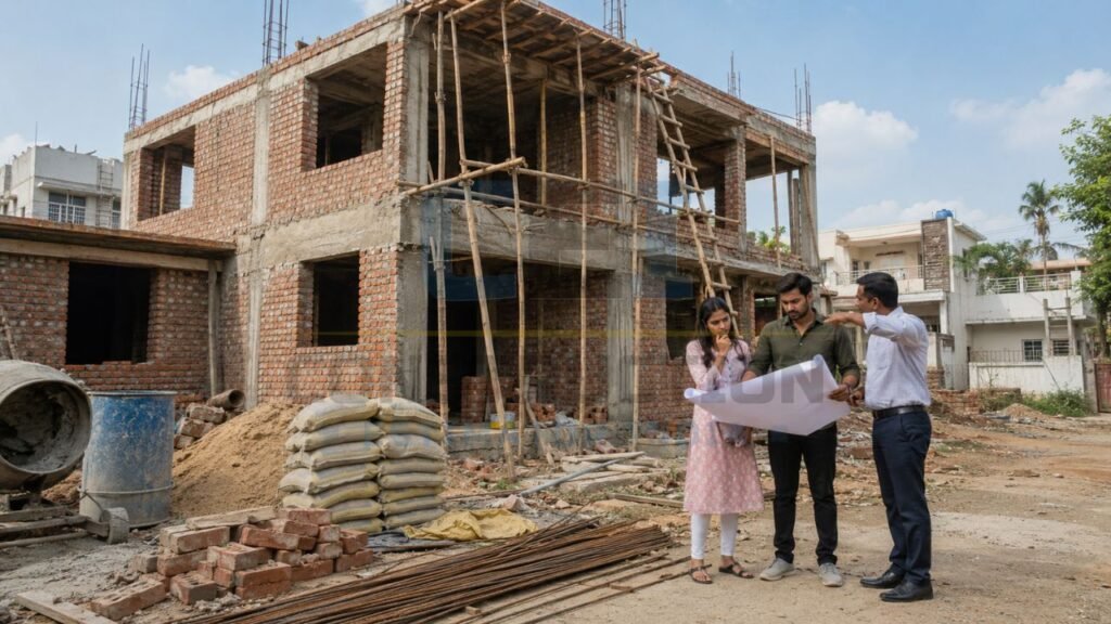 Homeowners reviewing house construction plans with a construction estimator at an active residential building site