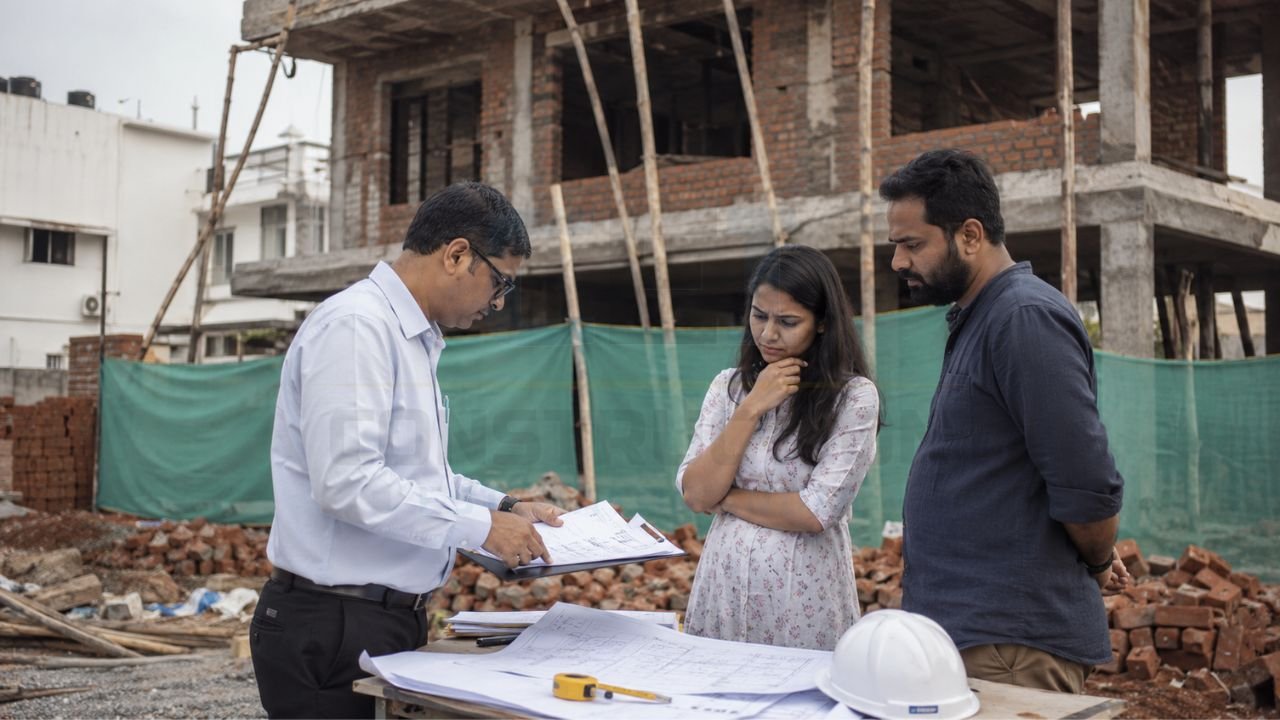 Construction estimator reviewing building plans with homeowners at a residential construction site before starting house construction
