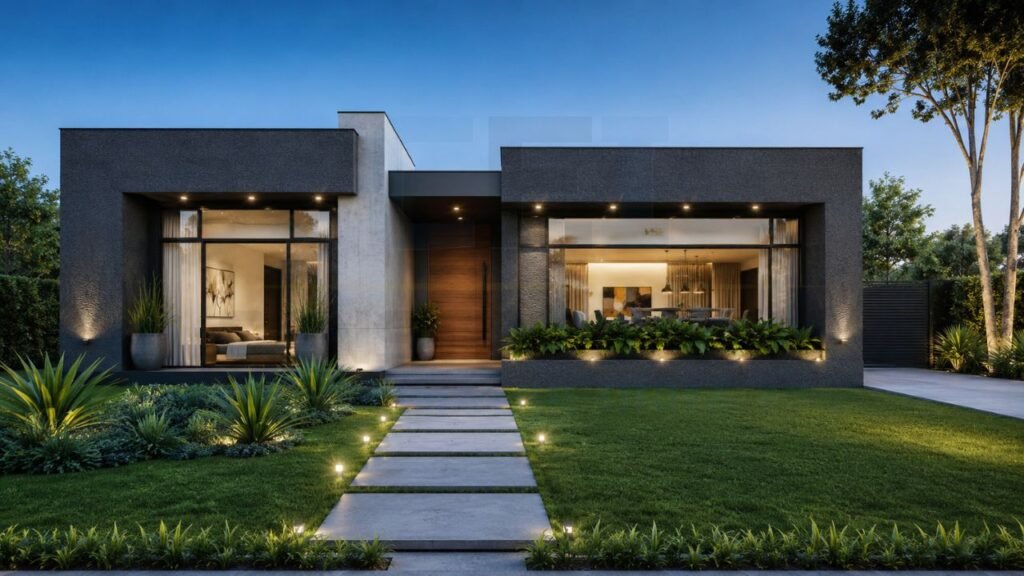 Modern single floor house front elevation featuring a flat roof, minimalist architecture, large glass windows, premium exterior lighting, landscaped front yard, and contemporary facade design.