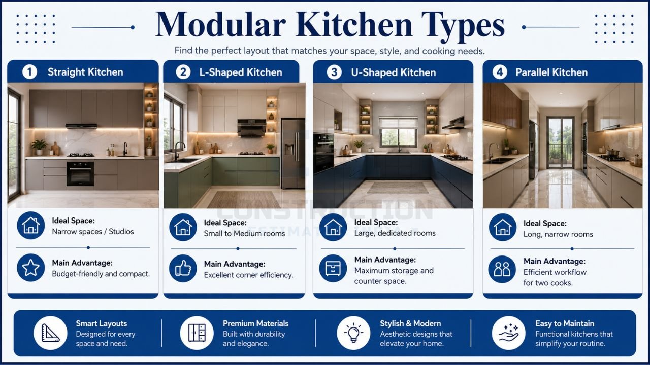 Modular kitchen types comparison showing straight kitchen, L-shaped kitchen, U-shaped kitchen, and parallel kitchen layouts