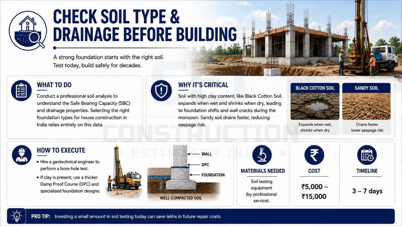 Check soil type and drainage before building a house to ensure a strong foundation and prevent structural damage