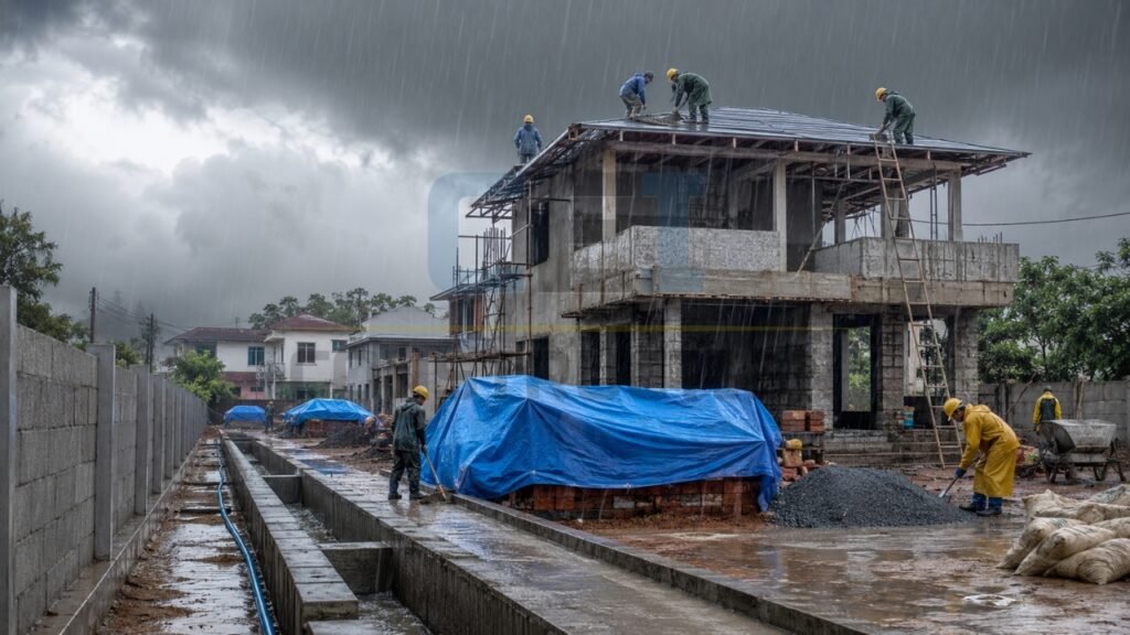 Monsoon construction challenges and rain protection measures for residential building projects