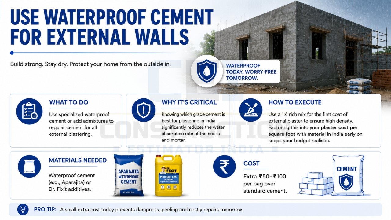 Use waterproof cement for external walls to prevent dampness, water seepage, and long-term structural damage