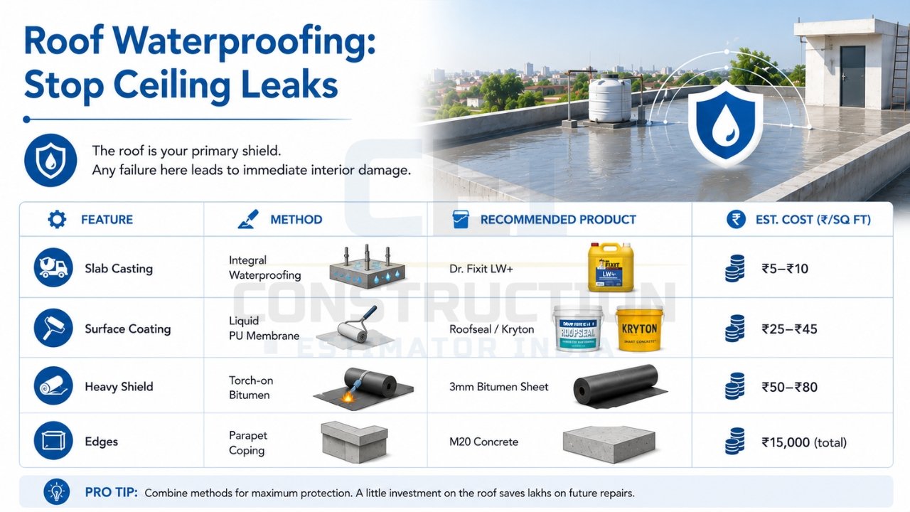 Roof waterproofing methods to prevent ceiling leaks, water seepage, and roof damage in residential buildings