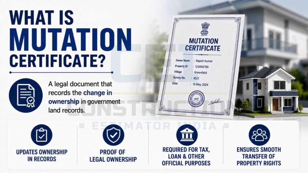 Infographic explaining the purpose and significance of a Mutation Certificate in property ownership records.