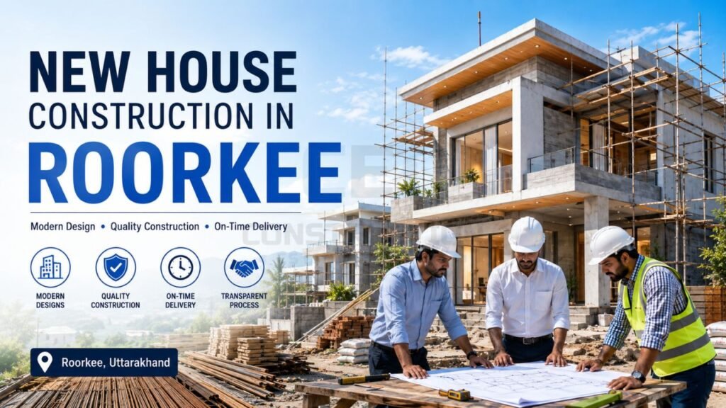 New house construction in Roorkee featuring modern residential building development, construction planning, site supervision, and quality home construction services
