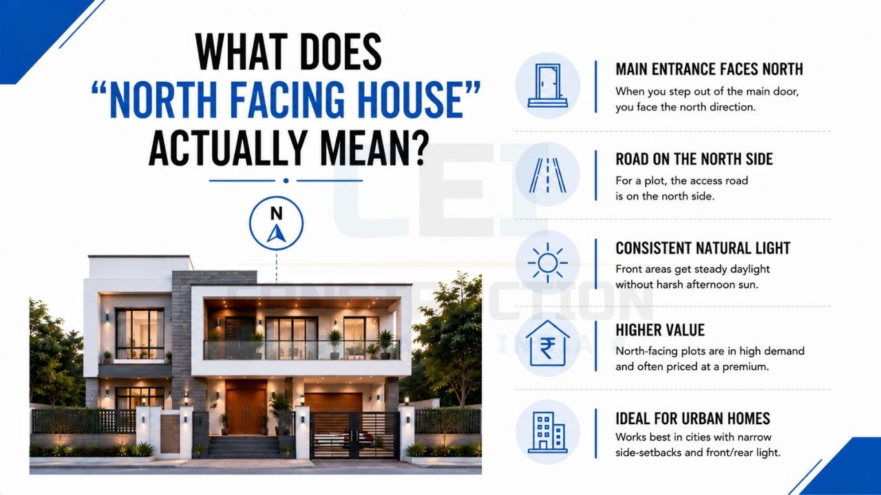 North-facing house guide explaining main entrance direction, road location, natural daylight, property value, and urban home planning