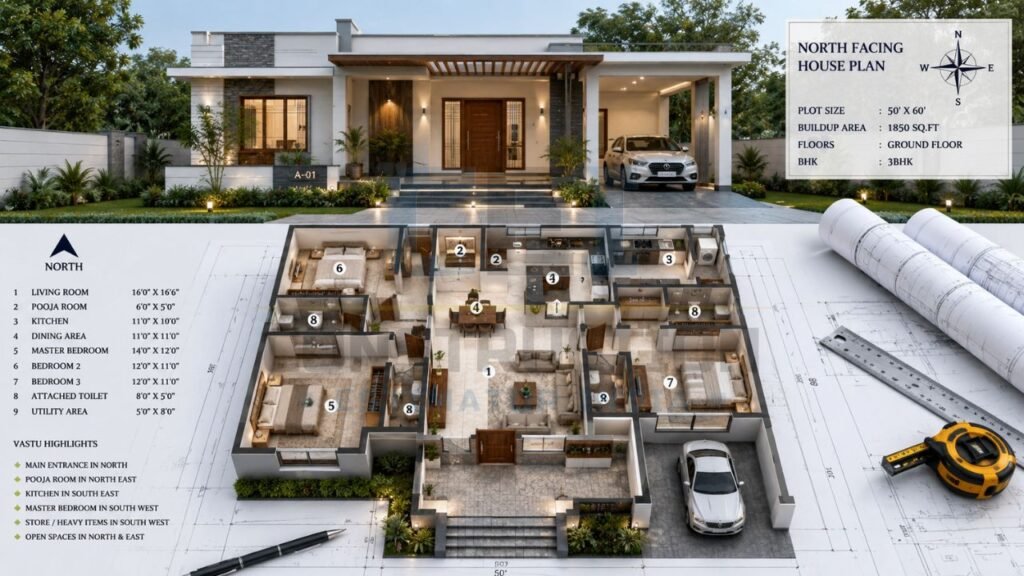 North-facing house plan with 3BHK ground floor layout, room arrangement, Vastu highlights, and architectural floor plan