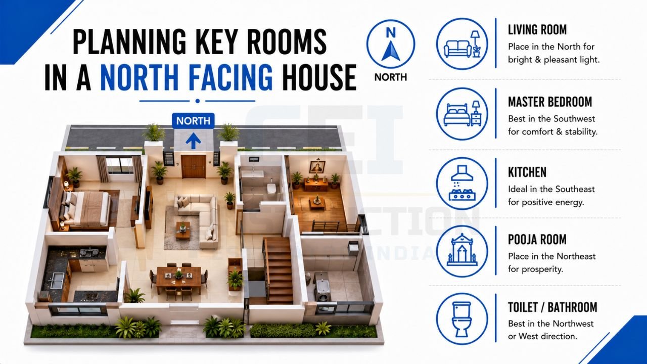 North-facing house room planning guide showing ideal placement of living room, master bedroom, kitchen, pooja room, and bathroom