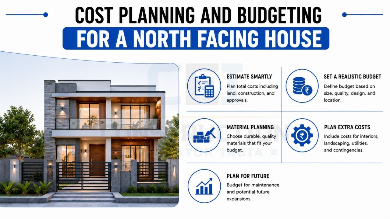 North-facing house cost planning and budgeting with construction cost estimation, material planning, budget allocation, future expansion, and contingency planning