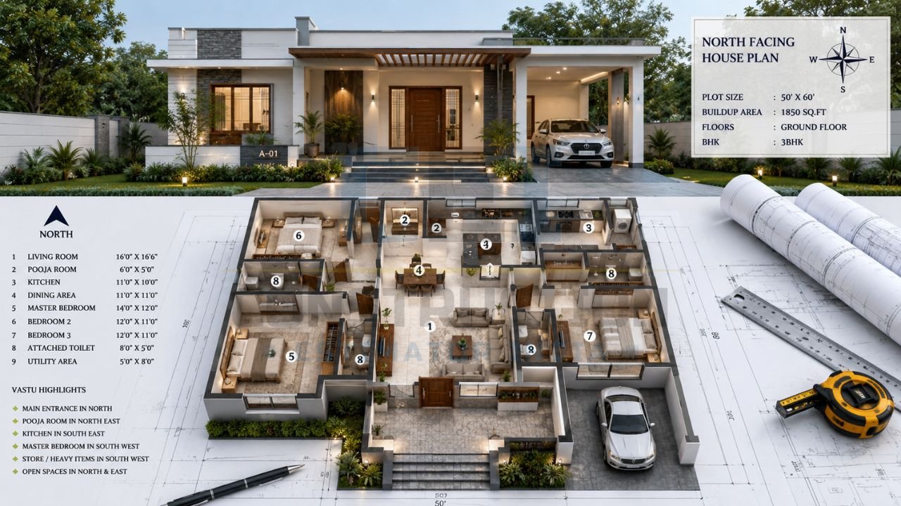 North-facing house plan with 3BHK ground floor layout, room arrangement, Vastu highlights, and architectural floor plan