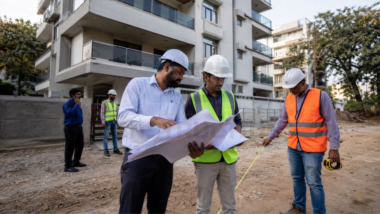 Construction engineers conducting a site inspection and reviewing building plans for completion certificate approval and construction compliance