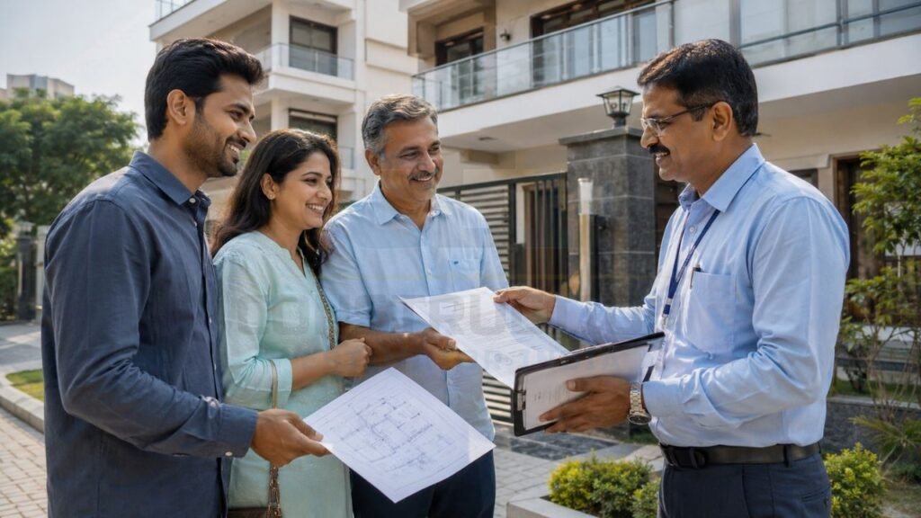 Homeowners reviewing completion certificate documents with a municipal official after residential construction approval