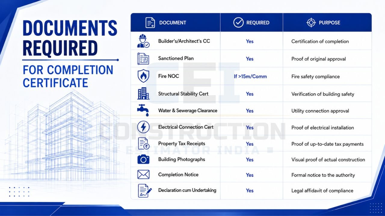 Documents required for completion certificate including architect certificate, sanctioned plan, Fire NOC, structural stability certificate, utility clearances, tax receipts, photographs, and compliance declarations