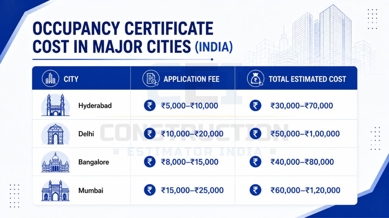 Occupancy certificate cost in major Indian cities including application fees and estimated approval costs for Hyderabad, Delhi, Bangalore, and Mumbai