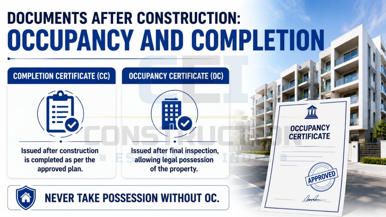 Infographic explaining the difference between Completion Certificate (CC) and Occupancy Certificate (OC) for property buyers.