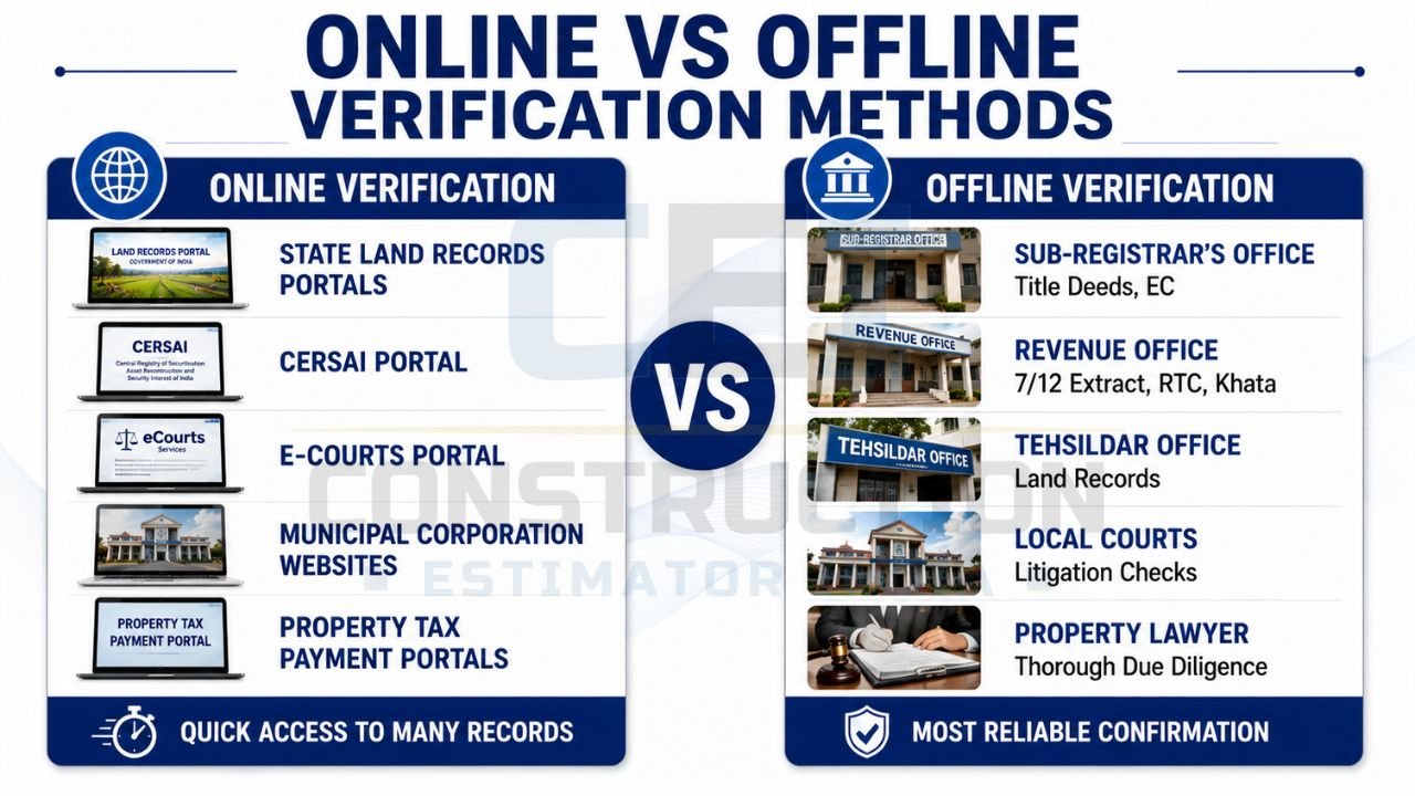 Comparison infographic showing online and offline methods for property verification and land record checks.