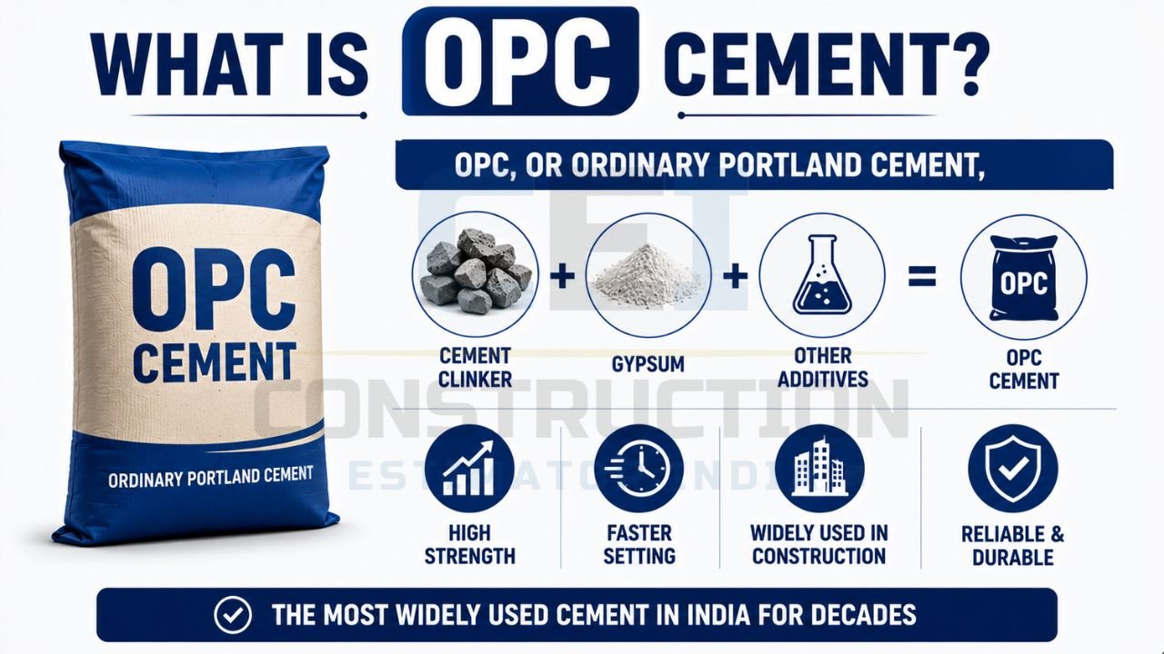 OPC Cement infographic illustrating its composition, properties, and common applications in construction.