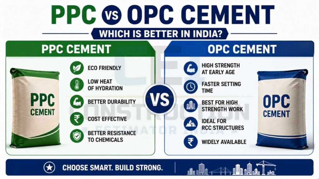 Detailed comparison infographic highlighting the advantages of PPC Cement and OPC Cement for different construction requirements.