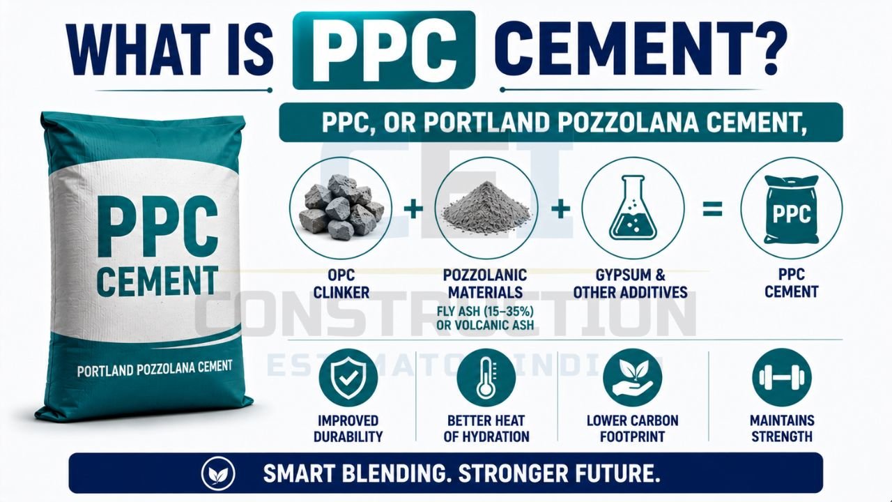 PPC Cement infographic showing its composition, including OPC clinker, pozzolanic materials, gypsum, and performance benefits.
