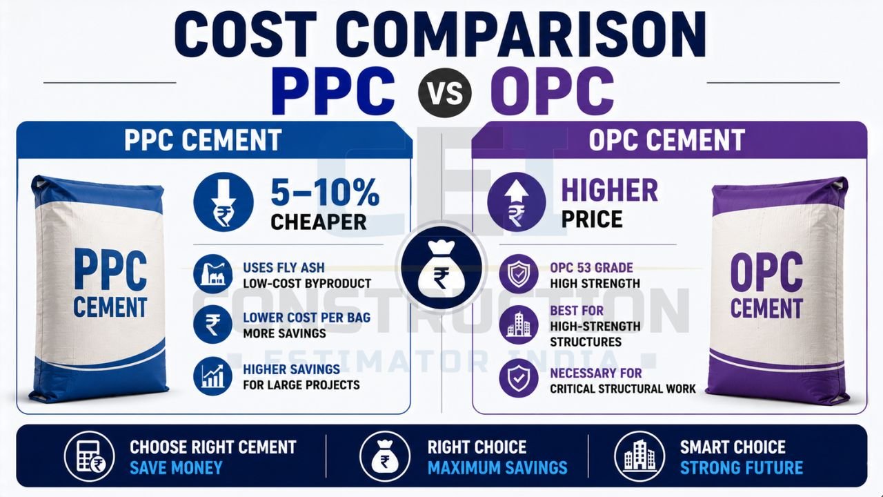 Cost comparison infographic highlighting the price differences, benefits, and applications of PPC Cement and OPC Cement.