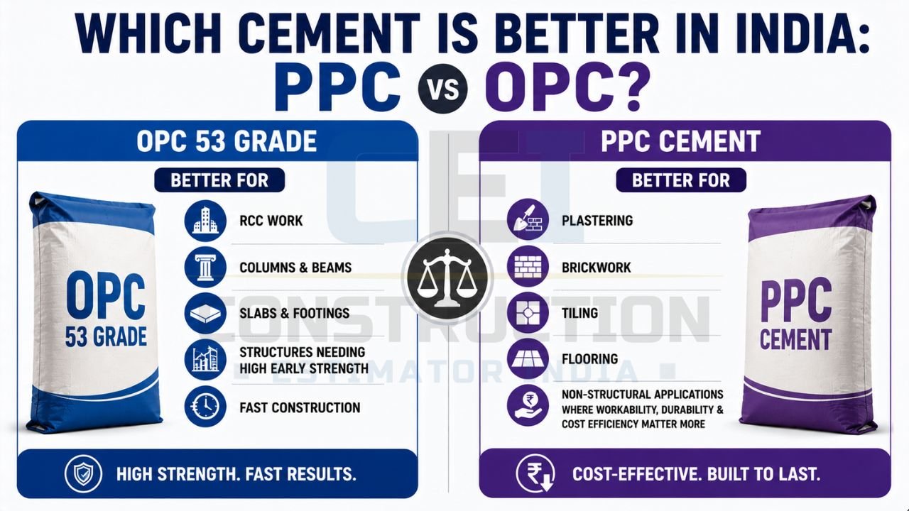 Comparison infographic showing the ideal applications of PPC Cement and OPC 53 Grade Cement for residential and commercial construction.