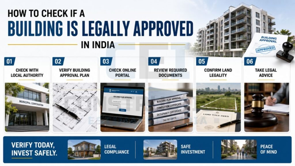 Property approval checklist infographic outlining key steps to verify building legality and regulatory compliance in India.